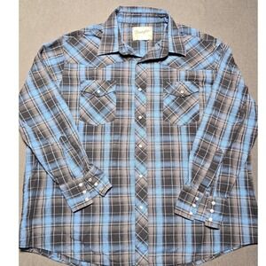 Wrangler Western‎ Men's 3XL Long Sleeve Pearl Snap Shirt Plaid Blue Black Cowboy